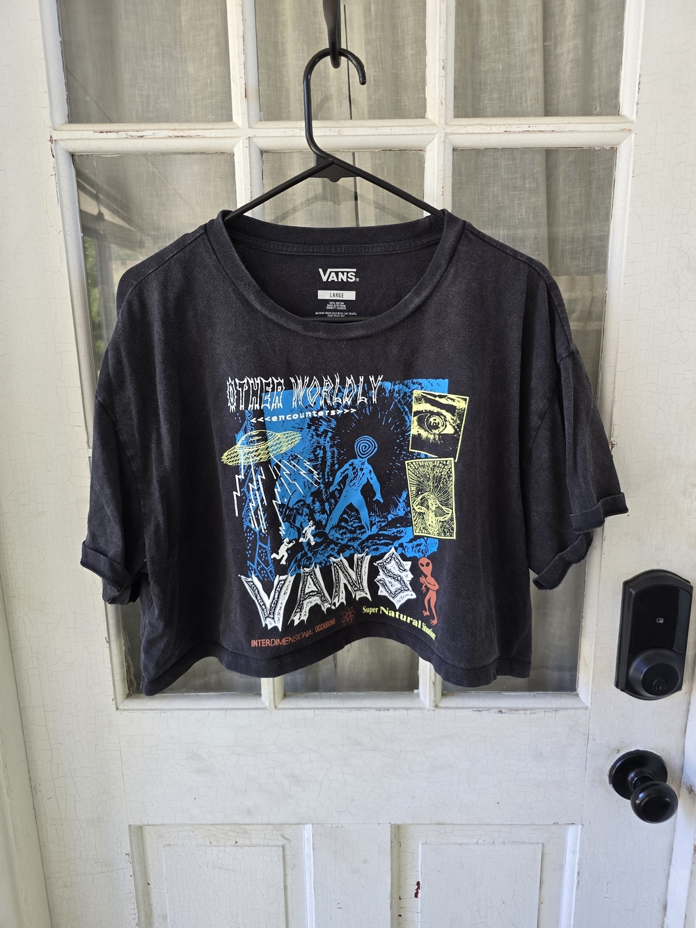 Vans Black Crop Tee with Blue & Yellow Graphic